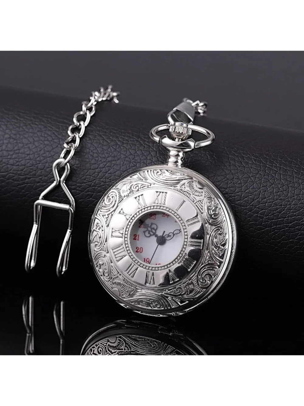 Men's Silver Quartz Engraved Wave Pattern Arabic Numerals Chain Pocket Watch